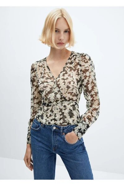 Floral Print Envelope Blouse - 1