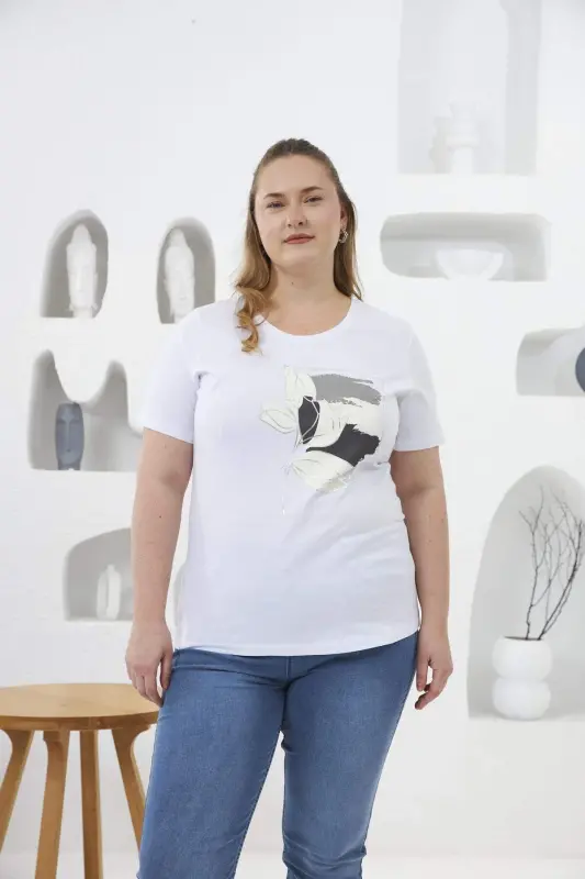 Floral Print Plus Size T-Shirt White - BÜYÜKBEDENIZ