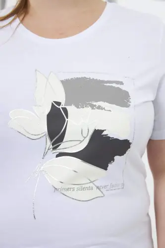 Floral Print Plus Size T-Shirt White - BÜYÜKBEDENIZ (1)