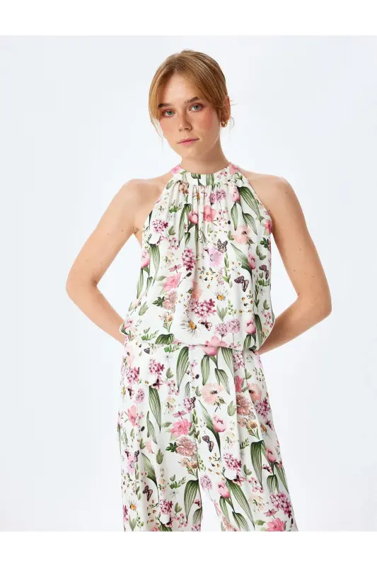 Floral Print Sleeveless Halter Neck Viscose Blouse - 2