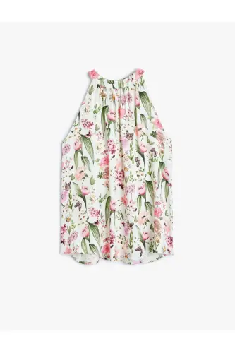 Floral Print Sleeveless Halter Neck Viscose Blouse - 3