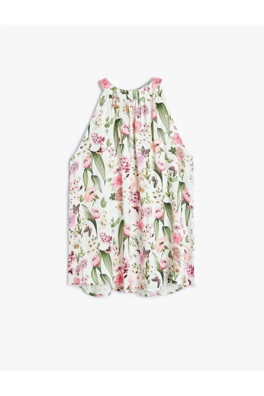 Floral Print Sleeveless Halter Neck Viscose Blouse - 3