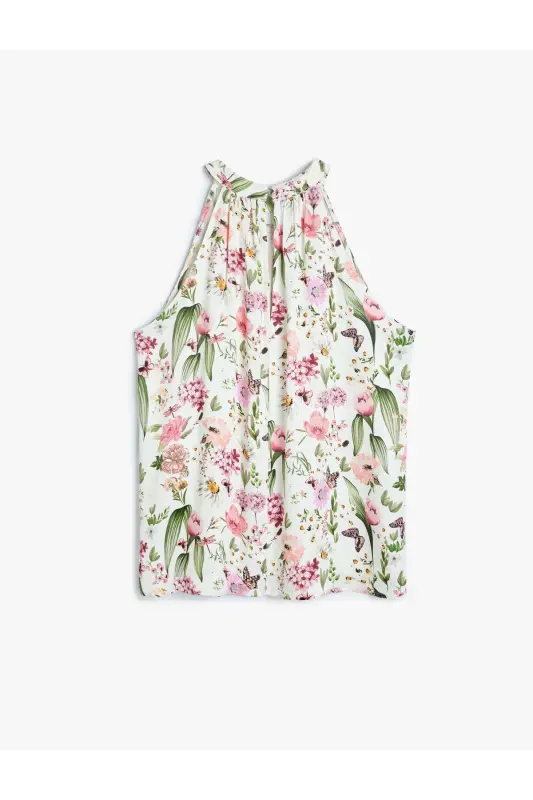 Floral Print Sleeveless Halter Neck Viscose Blouse - 4