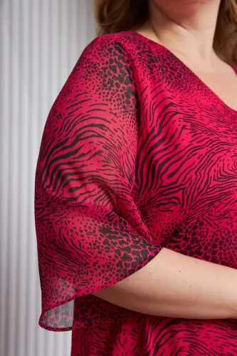 Floral Print V-Neck Plus Size Casual Dress Fuchsia - BÜYÜKBEDENIZ (1)