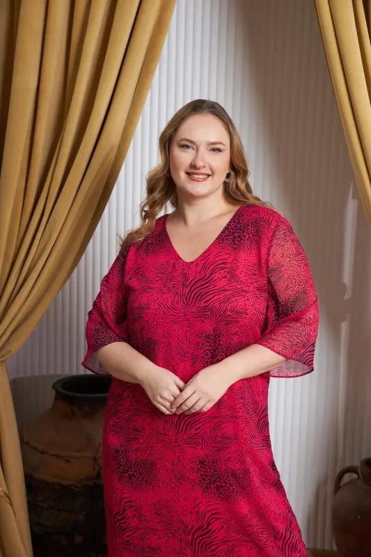 Floral Print V-Neck Plus Size Casual Dress Fuchsia - 3