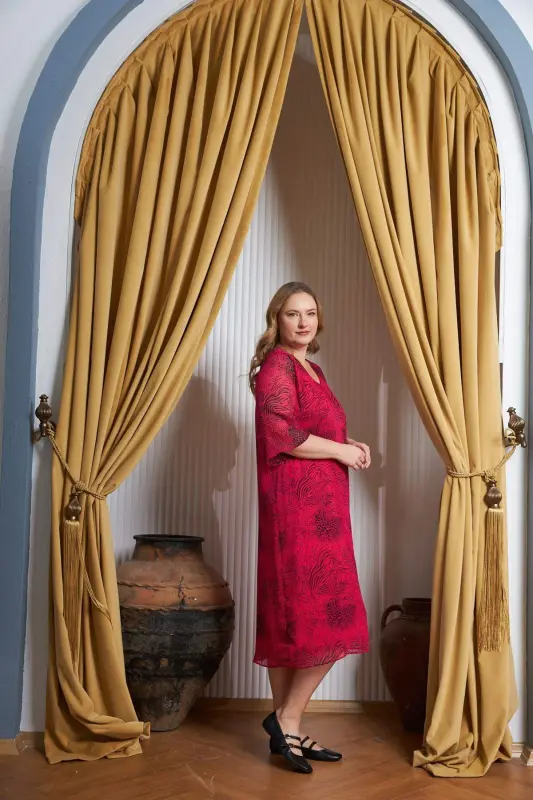 Floral Print V-Neck Plus Size Casual Dress Fuchsia - 5