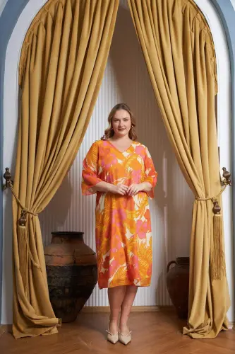 Floral Print V-Neck Plus Size Casual Dress Orange - 1