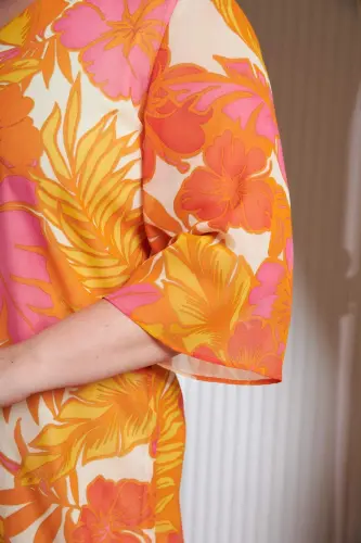 Floral Print V-Neck Plus Size Casual Dress Orange - BÜYÜKBEDENIZ (1)