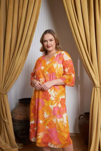 Floral Print V-Neck Plus Size Casual Dress Orange - 3