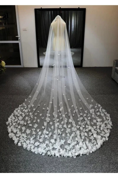Floral Veil Off-White 3D Floral Veil 300 Cm Comb Long Veil Cathedral Veil White - 3