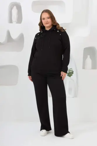 Flower Applique Plus Size Hoodie Tracksuit Black - 1