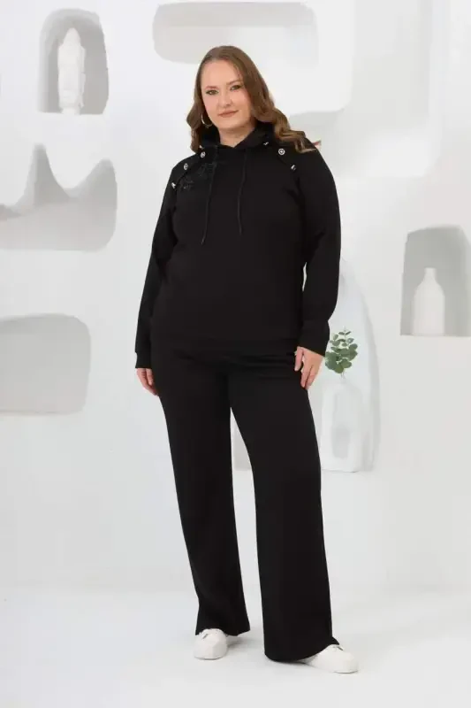 Flower Applique Plus Size Hoodie Tracksuit Black - BÜYÜKBEDENIZ