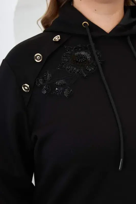 Flower Applique Plus Size Hoodie Tracksuit Black - 2