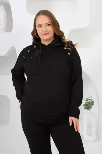 Flower Applique Plus Size Hoodie Tracksuit Black - 3