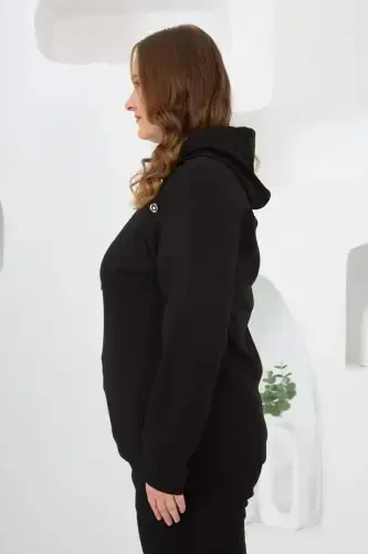 Flower Applique Plus Size Hoodie Tracksuit Black - 4