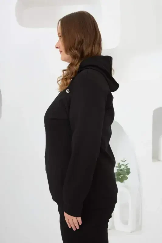 Flower Applique Plus Size Hoodie Tracksuit Black - 4
