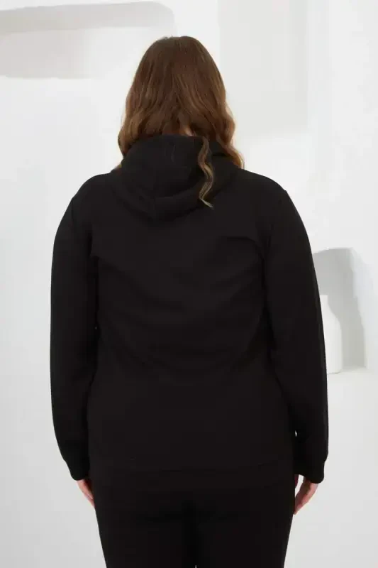 Flower Applique Plus Size Hoodie Tracksuit Black - 6