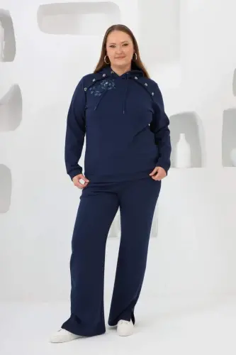 Flower Appliqued Plus Size Hoodie Tracksuit Navy Blue - 1