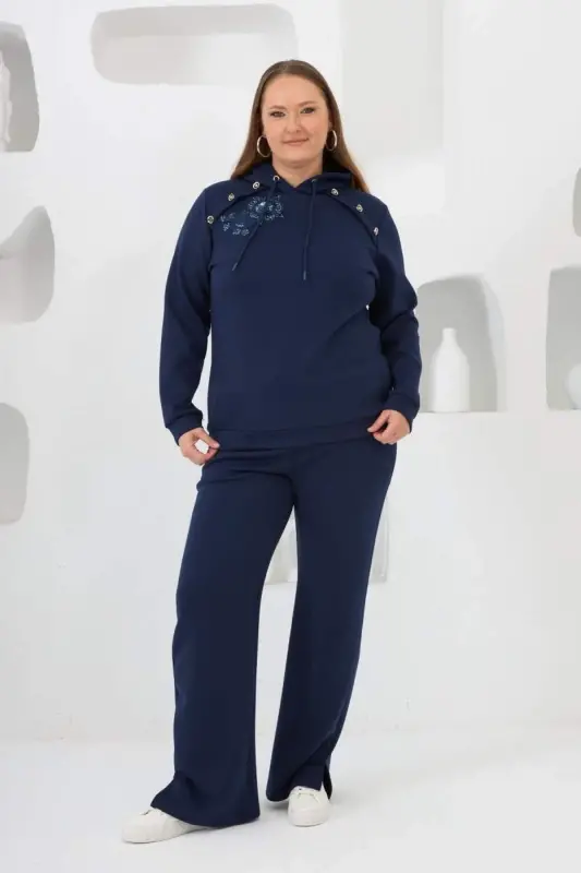 Flower Appliqued Plus Size Hoodie Tracksuit Navy Blue - BÜYÜKBEDENIZ