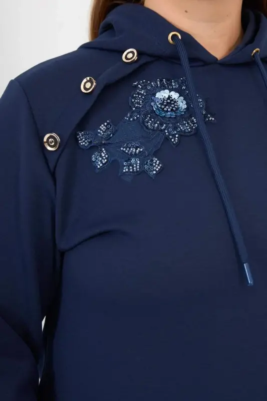 Flower Appliqued Plus Size Hoodie Tracksuit Navy Blue - 2