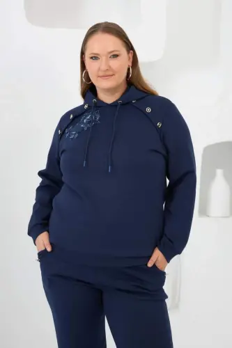 Flower Appliqued Plus Size Hoodie Tracksuit Navy Blue - 3