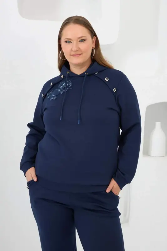 Flower Appliqued Plus Size Hoodie Tracksuit Navy Blue - 3