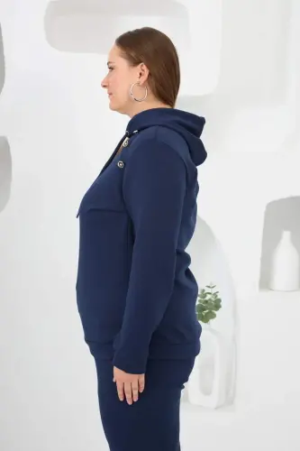 Flower Appliqued Plus Size Hoodie Tracksuit Navy Blue - 4