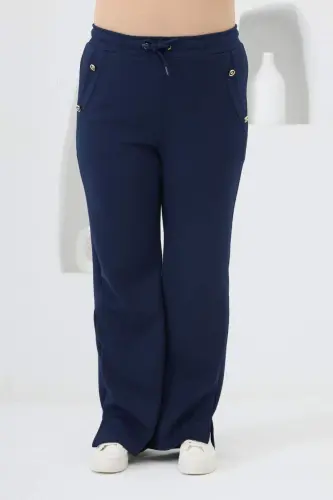 Flower Appliqued Plus Size Hoodie Tracksuit Navy Blue - 5