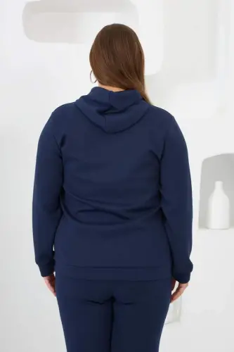 Flower Appliqued Plus Size Hoodie Tracksuit Navy Blue - 6