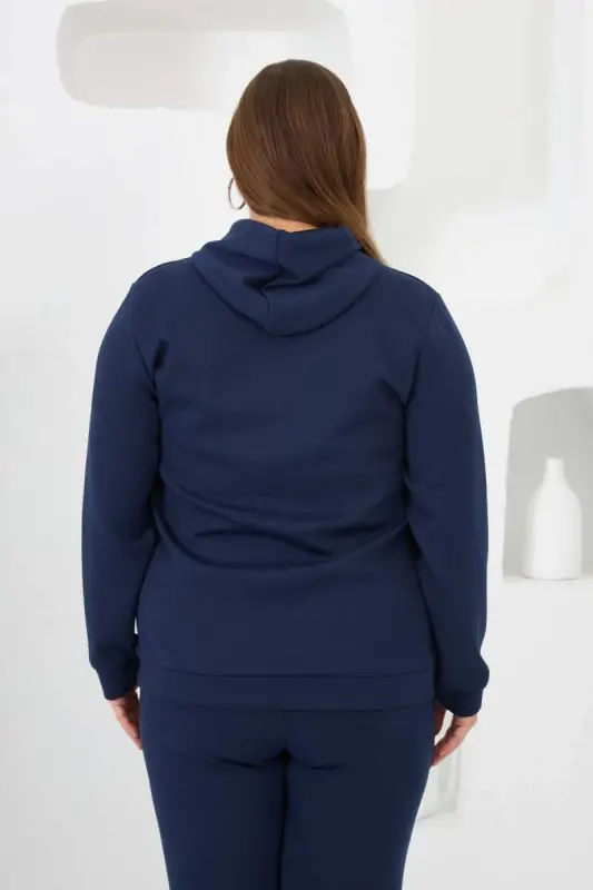 Flower Appliqued Plus Size Hoodie Tracksuit Navy Blue - 6