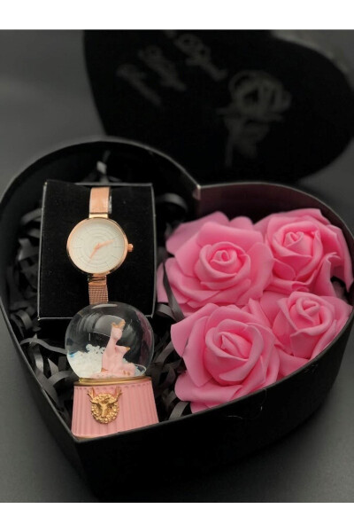 Flower Decorated Heart Box with Clock and Snow Globe, Special Gift for Lover, Mother, Spouse for Birthday - 4