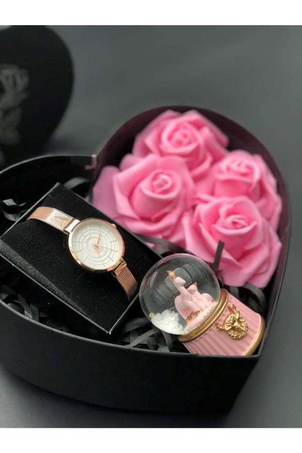 Flower Decorated Heart Box with Clock and Snow Globe, Special Gift for Lover, Mother, Spouse for Birthday - 5