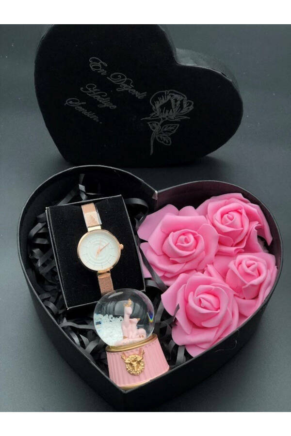 Flower Decorated Heart Box with Clock and Snow Globe, Special Gift for Lover, Mother, Spouse for Birthday - 6