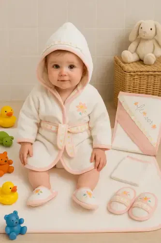 Flower Embroidered Gaye Baby Towel Poncho Set Organic Antibacterial - Baby Shower Gift-Pink - 1