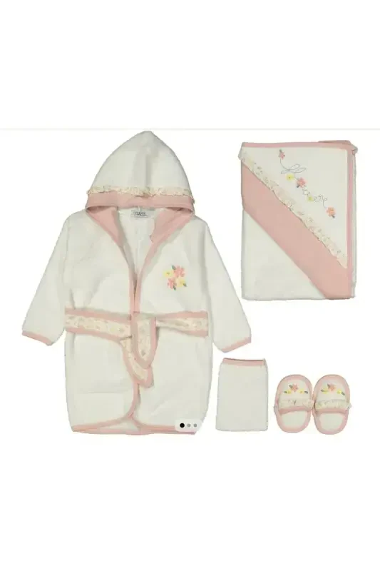 Flower Embroidered Gaye Baby Towel Poncho Set Organic Antibacterial - Baby Shower Gift-Pink - 3