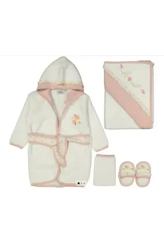 Flower Embroidered Gaye Baby Towel Poncho Set Organic Antibacterial - Baby Shower Gift-Pink - 4
