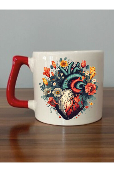 Flower Heart Red Handle Mug Gift Items - Ceramic Tea, Coffee Gift Mug - LILI HEDIYELIK