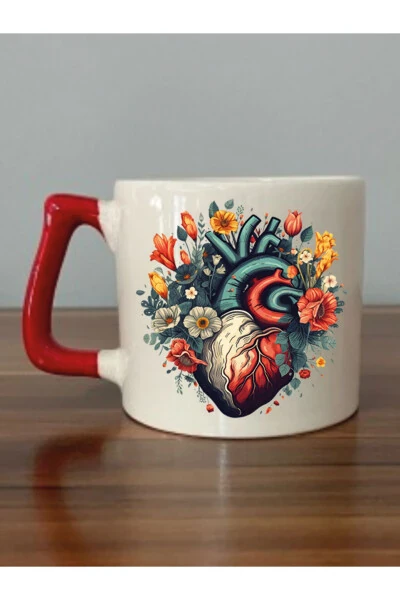 Flower Heart Red Handle Mug Gift Items - Ceramic Tea, Coffee Gift Mug - Modazone