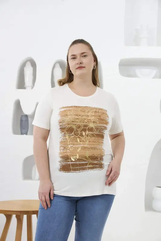 Flower Pattern Printed Plus Size T-Shirt Ecru - 1