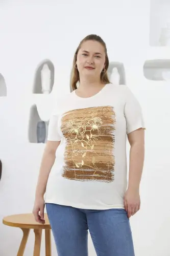 Flower Pattern Printed Plus Size T-Shirt Ecru - 9