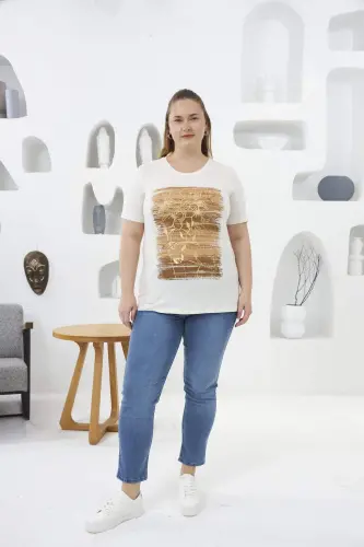 Flower Pattern Printed Plus Size T-Shirt Ecru - 8