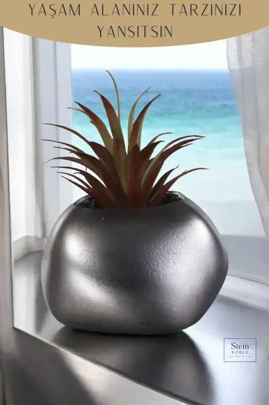 Flower Pot Decorative Cactus Pot 1 Piece Silver Antique Color Applied Model 14-SILVER ANTIQUE - 5