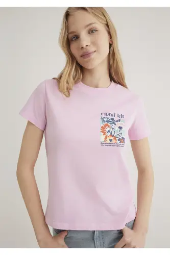 Flower Print Pink T-Shirt Semi Slim Fit / Half - MAVI (1)