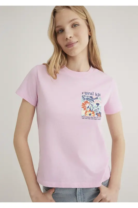 Flower Print Pink T-Shirt Semi Slim Fit / Half - 2