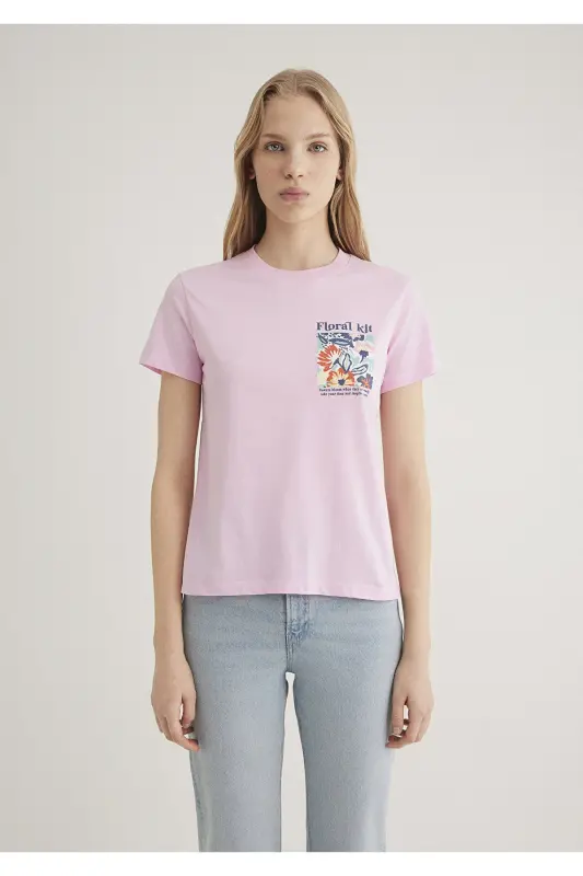 Flower Print Pink T-Shirt Semi Slim Fit / Half - 5