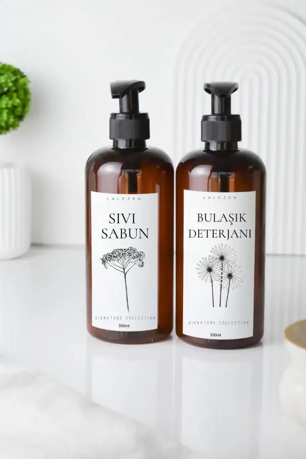 Flowered 2-piece Dish Detergent and Liquid Soap Labeled Amber Plastic Bottle 500 ml - 1