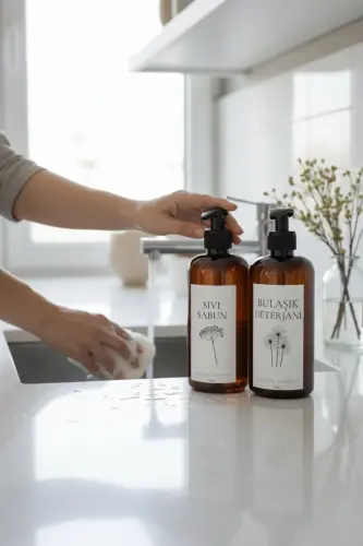 Flowered 2-piece Dish Detergent and Liquid Soap Labeled Amber Plastic Bottle 500 ml - LALEZEN HOME (1)