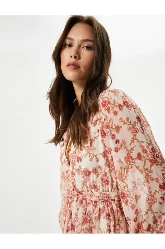 Flowered Long Dress Balloon Sleeve Belted at Waist Buttoned - 1