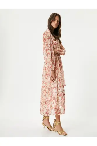 Flowered Long Dress Balloon Sleeve Belted at Waist Buttoned - KOTON (1)