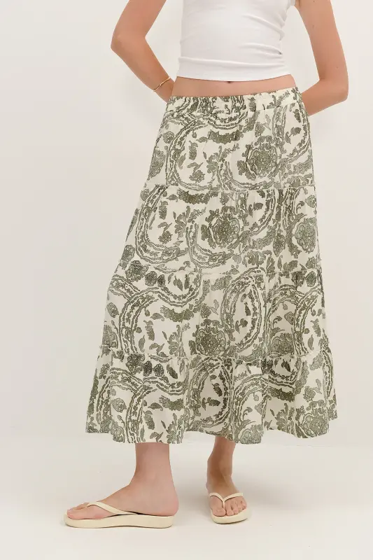 Flowered Long Skirt E16209-K12-Oil Green - 5